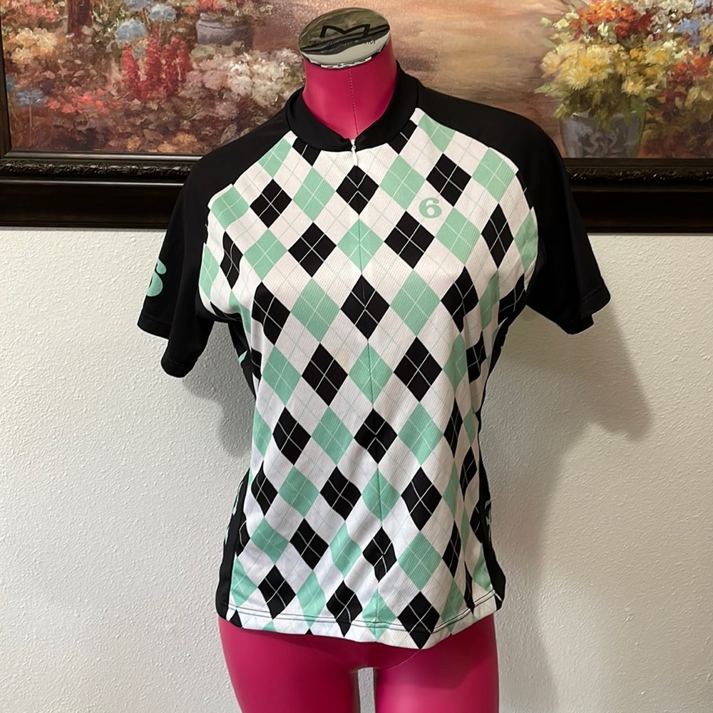 Twin Six 6 Cycling Jersey Shirt Argyle Pattern Women's Large Black White Green